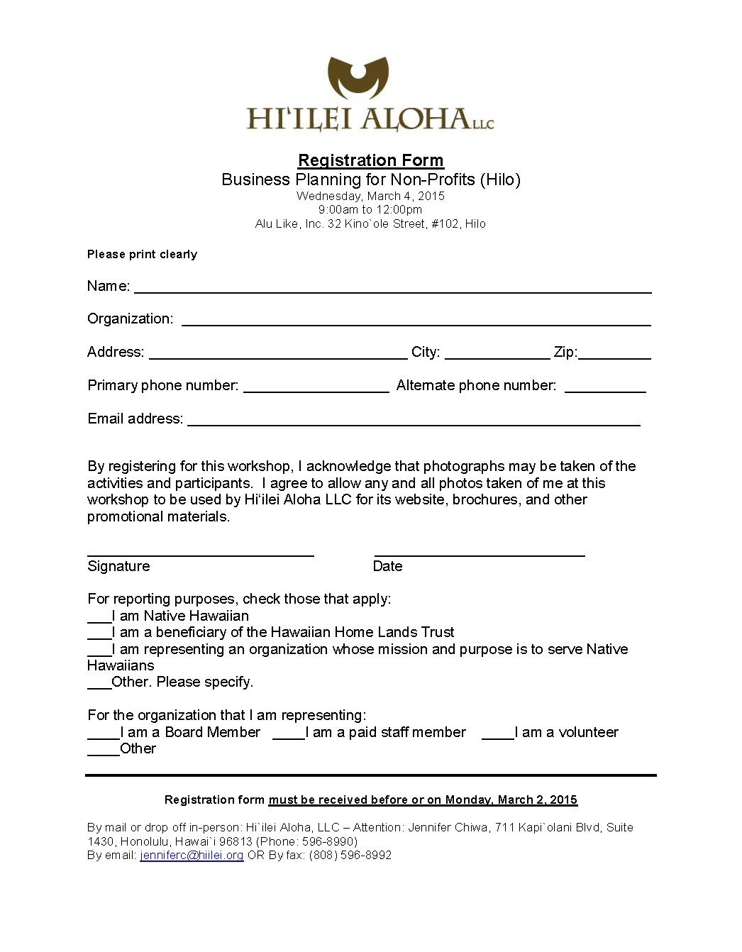 Hiilei Aloha, LLC - Registration Form